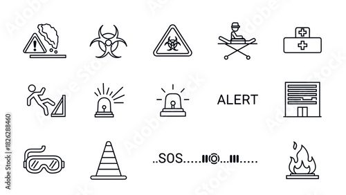Safety and warning icons: hazard, biohazard, alert, sos, fire, and more.