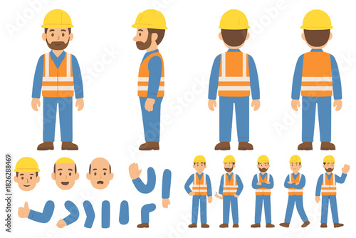 Modular construction worker character set with various views and poses for animation