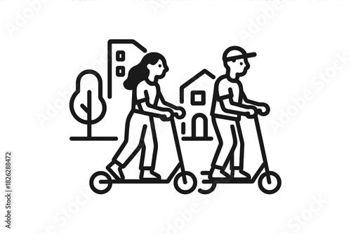 Man and woman riding kick scooters together on city street