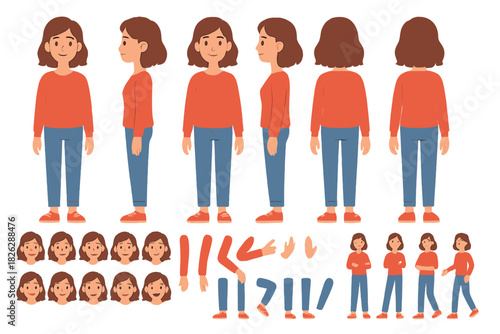 Female character creation asset for animation featuring interchangeable body parts and expressions