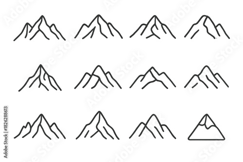 Twelve minimal outline icons depicting various mountain ranges suitable for travel and nature design