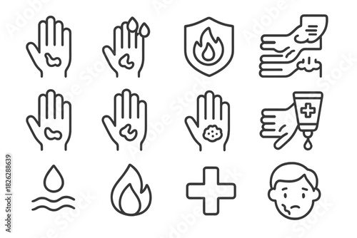 Dermatology and first aid concepts showing skin rash, eczema, burns, and cream application