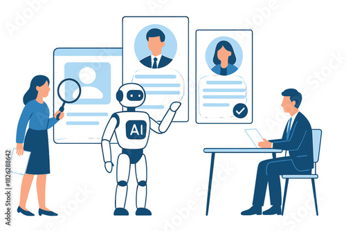 Robot and HR team analyzing candidate profiles for recruitment and hiring decisions