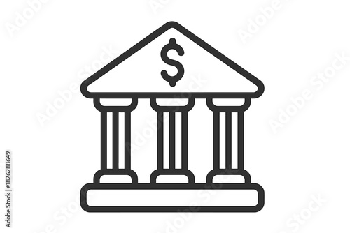 Bank building with classical columns and dollar sign symbol on facade