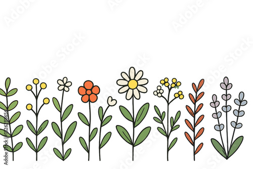Colorful hand-drawn border of wildflowers and green leaves on a white background