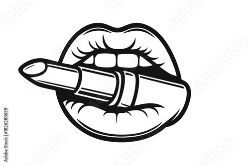 Sensual female mouth biting a lipstick tube in bold black and white graphic style