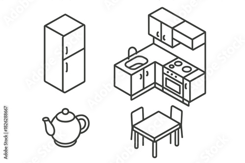 Isometric line art kitchen furniture and appliances set including refrigerator, stove, and sink