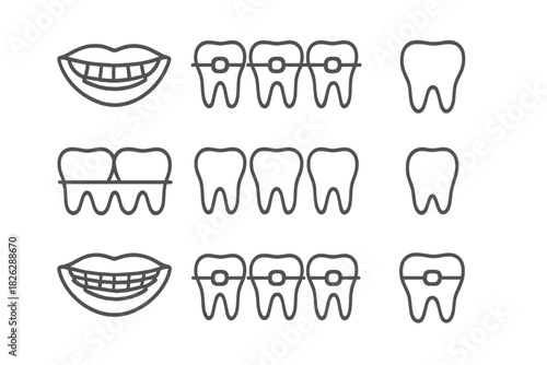 Orthodontic appliances, dental braces, teeth alignment, and oral hygiene symbols