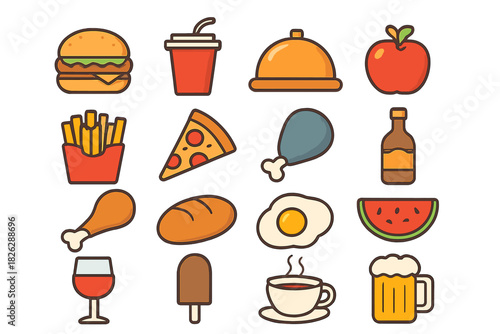 Colorful food and drink icons collection featuring fast food, fresh fruit, desserts, and beverages