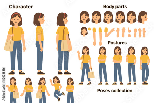 Customizable young female character constructor kit with various poses, body parts, and expressions