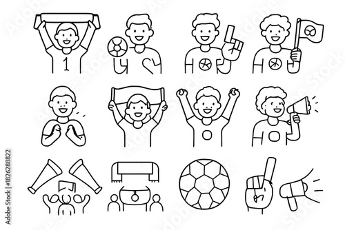 Collection of simple outline icons featuring happy football supporters and various cheering accessories