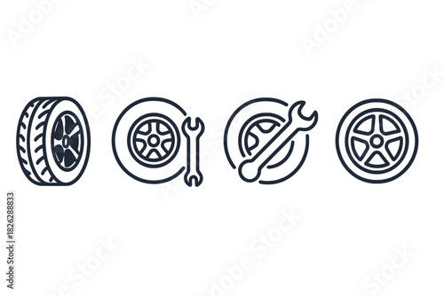 Outline icons for automotive tire and wheel repair service with wrench tool