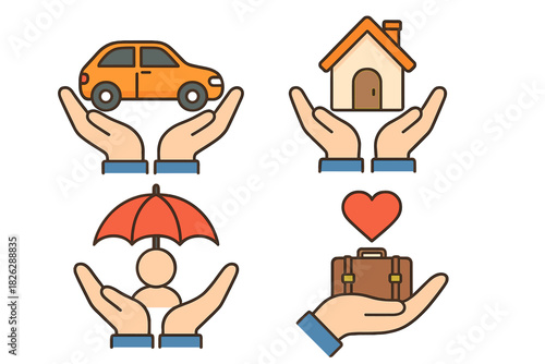 Hands protecting valuable assets like car, house, person, and business briefcase