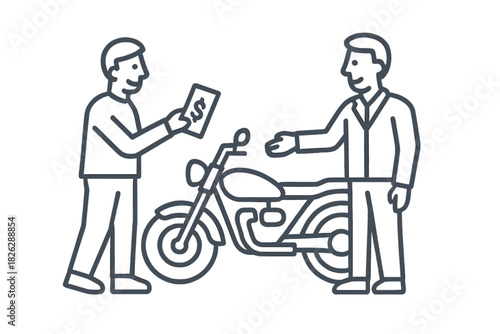 Two men completing a financial transaction for a classic motorcycle sale agreement