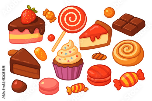 Delicious variety of sweet desserts and confectionery items including cake, cupcake, and chocolate