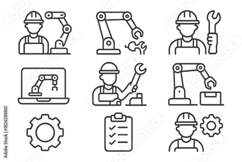 Automation engineering and factory worker symbols for industrial technology and maintenance
