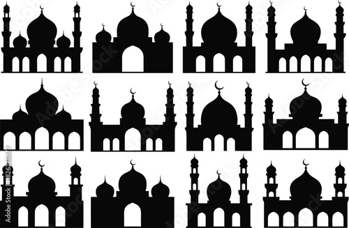 Silhouette Mosque and Religious Icons Set. Islamic Architecture, Domes, Minarets Vector Illustration
