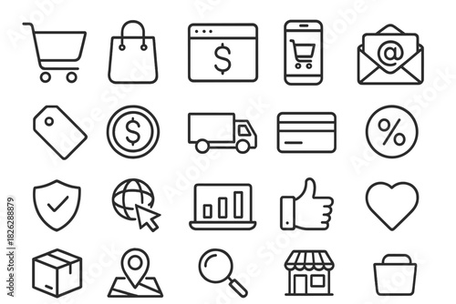 Simple outline symbols representing digital commerce, delivery, and payment methods