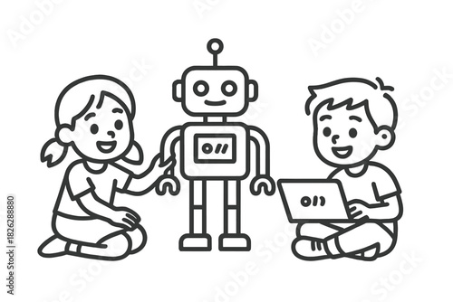 Children learning robotics and programming using a toy robot and laptop computer