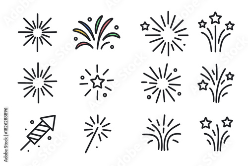 Festive fireworks, celebration explosions, rocket, and sparkler symbols