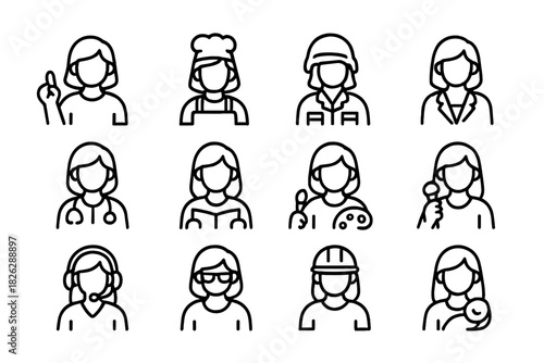Set of diverse female avatars representing various professional careers and occupations