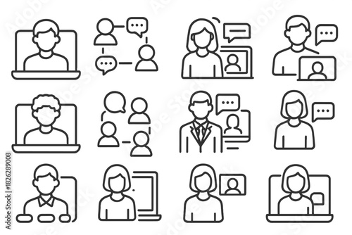 Set of line icons for online communication, video conference, business, and social networking