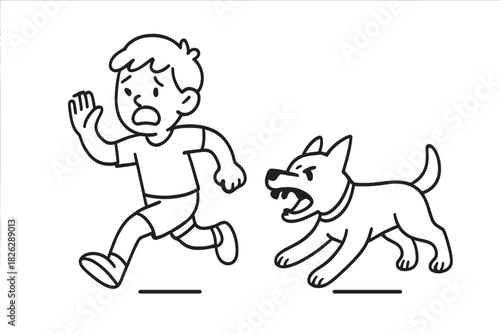 Frightened young boy running away from an aggressive barking dog chasing him