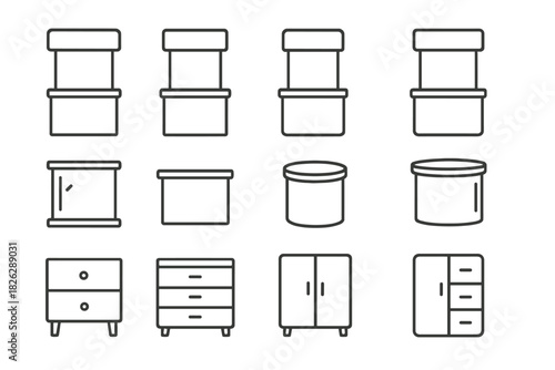 Minimalist furniture pieces including cabinets, drawers, counters, and display stands