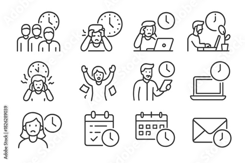 Modern line icons representing concepts of time management, work pressure, and deadline stress