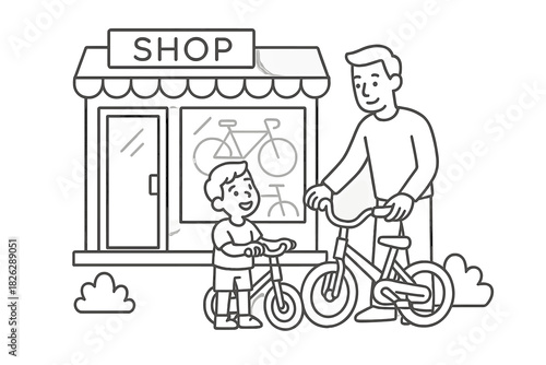 Adult man and young boy standing outside a bicycle shop holding their bikes