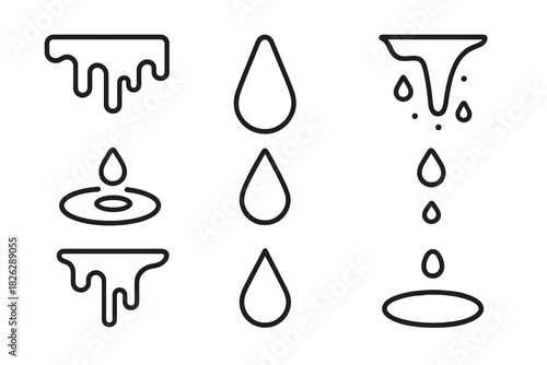 Collection of outline icons depicting liquid drops falling, dripping, and melting shapes