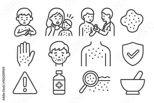 Outline symbols representing dermatology, allergy symptoms, skin rash, patient examination, and medical treatment