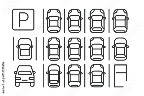 Minimalist line art icons representing vehicles parked in a parking lot