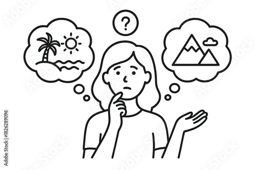 Confused woman deciding between a tropical beach vacation and a mountain hiking trip