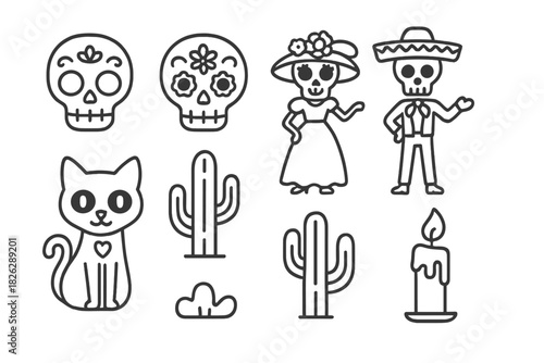 Traditional Mexican Day of the Dead symbols: sugar skulls, Catrina, Mariachi skeleton, cactus, and candle
