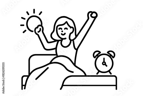 Woman waking up in bed stretching happily next to an alarm clock in the morning