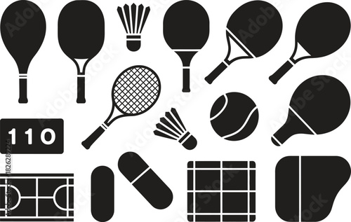 Silhouette Tennis and Badminton Sports Icons Set. Racket, Ball, Court, Sports Vector Illustration