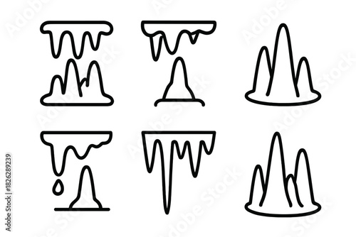 Minimalist outline icons depicting underground cave formations stalactites and stalagmites