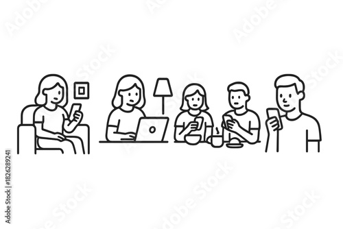 Group of people using modern digital devices for communication, work, and entertainment in various indoor settings