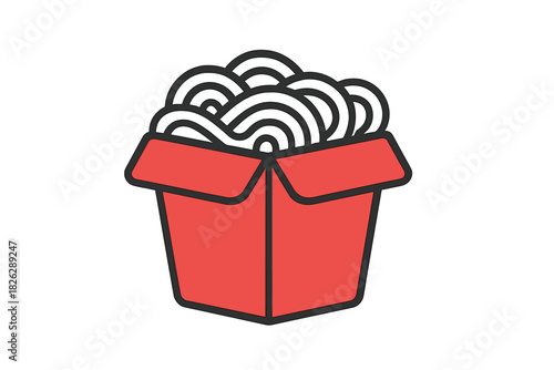 Classic red paper container holding steaming Asian noodles ready for delivery or fast food service