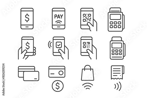 Collection of modern line icons representing digital payment methods, mobile banking, and financial transactions