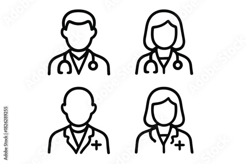 Minimalist line art symbols of male and female doctors and medical staff