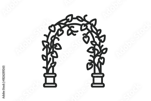 Detailed decorative garden archway covered in lush climbing vines and stylized heart-shaped leaves