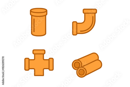 Set of orange pipe segments and plumbing fittings used for water and gas infrastructure