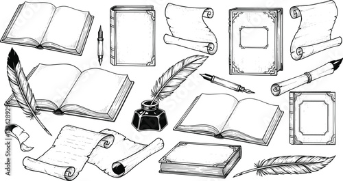 Vintage Writing Stationery Hand Drawn Vector Illustration Set, Antique Books, Feather Quills, Inkwells, and Old Parchment Scrolls, Isolated Graphic for History and Literature