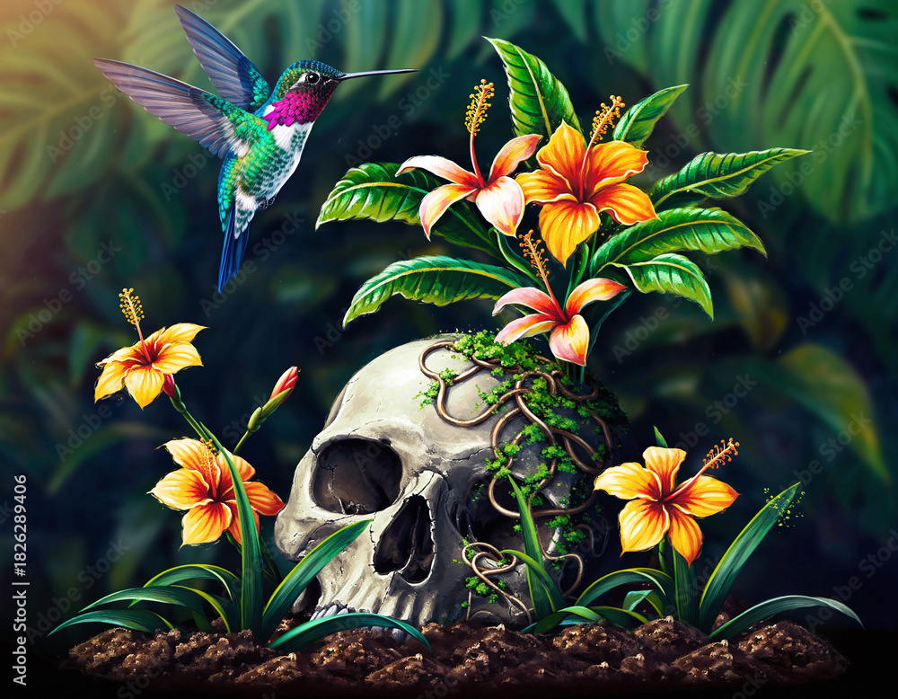 Fototapeta premium Life blooming from death. A skull amidst vibrant hibiscus flowers in the jungle, symbolizing rebirth, resilience, and the cycle of nature with a hummingbird.