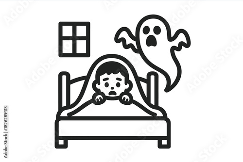 Frightened person hiding under the blanket in bed as a scary ghost floats in the bedroom