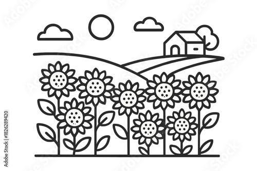 Rural landscape with field of blooming sunflowers under bright sun and clouds