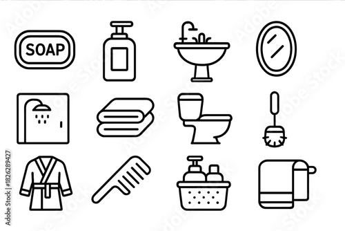 Minimalist black line pictograms showing essential items in a modern washroom