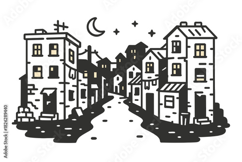 Stylized black and white narrow street winding through old town buildings at night